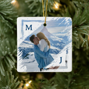 Blauw Koppel Foto Aandenken Eerste Kerst Verloving Keramisch Ornament