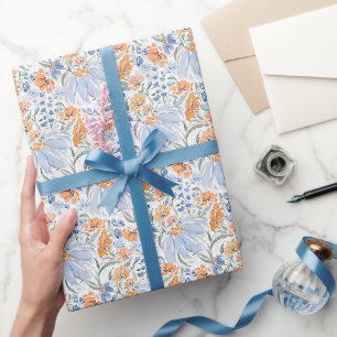 Blauw & Koraal Aquarel Bloementuin Cadeaupapier