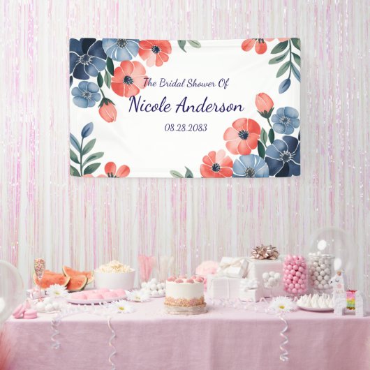 Blauw & Koraal Aquarel Boeket Bruidsdouche Spandoek (Feest)