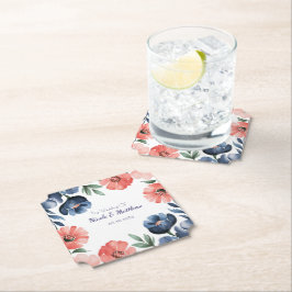 Blauw & Koraal Aquarel Boeket Bruiloft Kartonnen Onderzetters