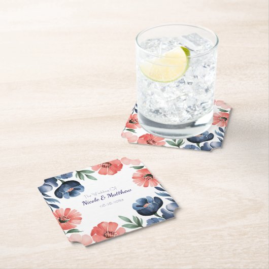Blauw & Koraal Aquarel Boeket Bruiloft Kartonnen Onderzetters (Insitu)