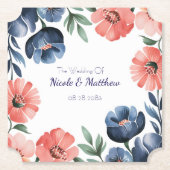 Blauw & Koraal Aquarel Boeket Bruiloft Kartonnen Onderzetters (Voorkant)