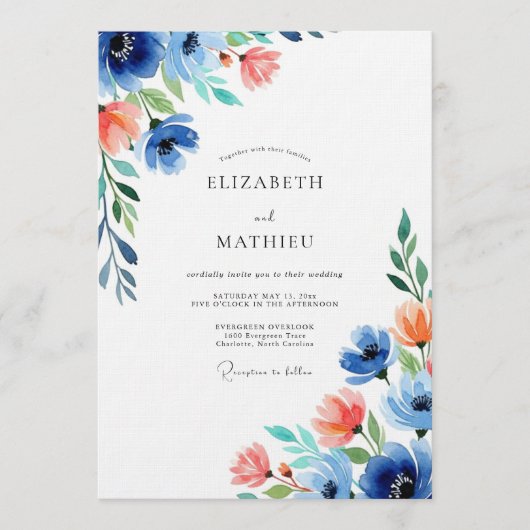 Blauw Koraal Bloemen Bruiloft Kaart (Voorkant)
