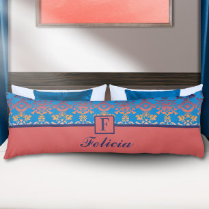 Blauw Koraal Damast Monogram Gepersonaliseerde Naa Lichaamskussen