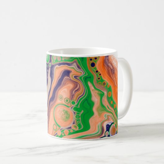 Blauw, koraal en groen gekleurd gekleurd en vloeib koffiemok (Voorkant rechts)