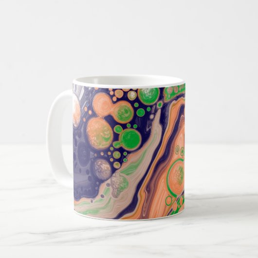 Blauw, koraal en groen gekleurd gekleurd en vloeib koffiemok (Voorkant links)