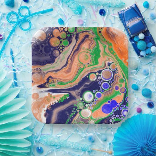 Blauw, koraal en groen gekleurd gekleurd en vloeib papieren bordje (Feest)