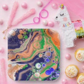 Blauw, koraal en groen gekleurd gekleurd en vloeib papieren bordje (Feest)