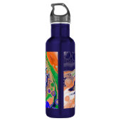 Blauw, koraal en groen gekleurd gekleurd en vloeib waterfles  (Achterkant)