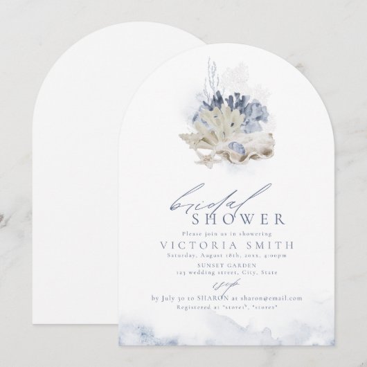 Blauw koraal en zeeschelpen met het Vrijgezellenfe Kaart (Voorkant / Achterkant)