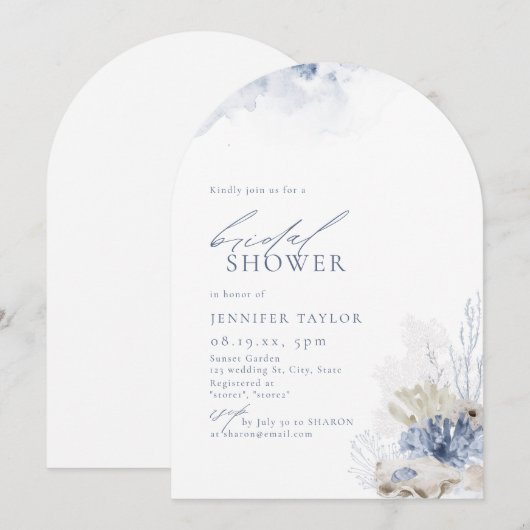 Blauw koraal en zeeschelpen met het Vrijgezellenfe Kaart (Voorkant / Achterkant)