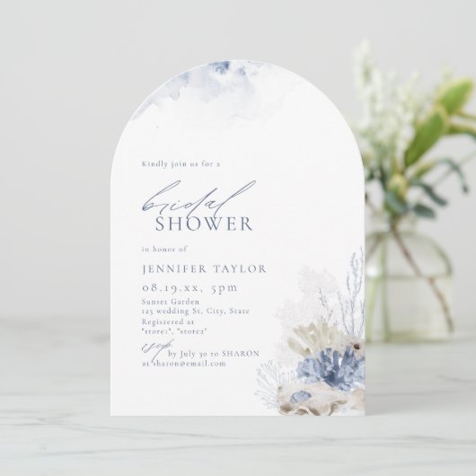 Blauw koraal en zeeschelpen met het Vrijgezellenfe Kaart (Staand voorkant)