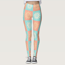 Blauw Koraal Geel Bloem Motief Leggings