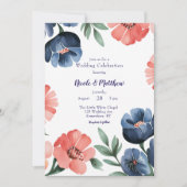 Blauw & Koraal Geschilderd Boeket Huwelijksfeest Kaart (Voorkant)
