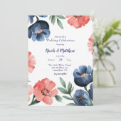 Blauw & Koraal Geschilderd Boeket Huwelijksfeest Kaart (Staand voorkant)