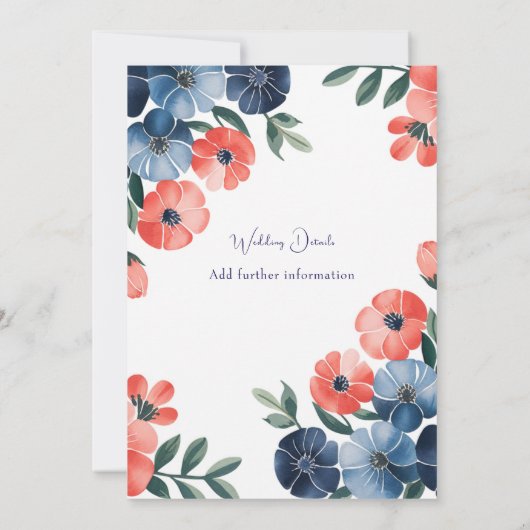 Blauw & Koraal Geschilderd Boeket Huwelijksfeest Kaart (Achterkant)