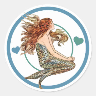 Blauw Koraal Perzik Schattige Zeemeermin Verjaarda Ronde Sticker