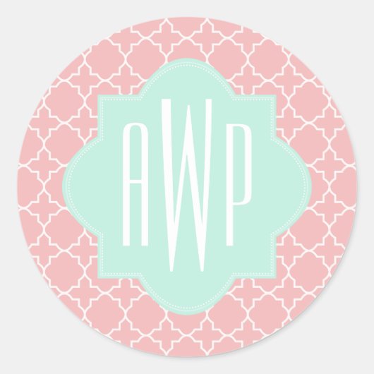 Blauw + Koraal Quatrefoil Monogram Ronde Sticker (Voorkant)