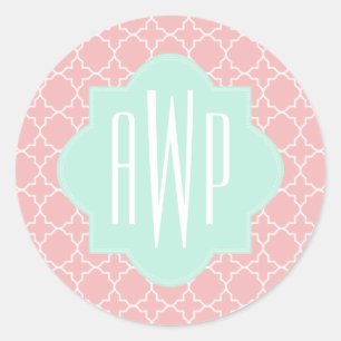 Blauw + Koraal Quatrefoil Monogram Ronde Sticker