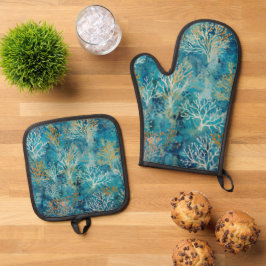 Blauw Koraal Strand Patroon Ovenwant & Pannenlap Set