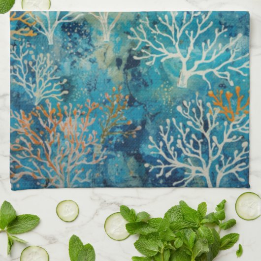 Blauw Koraal Strand Patroon Theedoek (Gevouwen)
