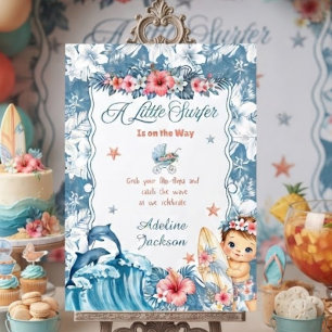 Blauw Koraal Tropische Kleine Surfer Baby Shower Kaart