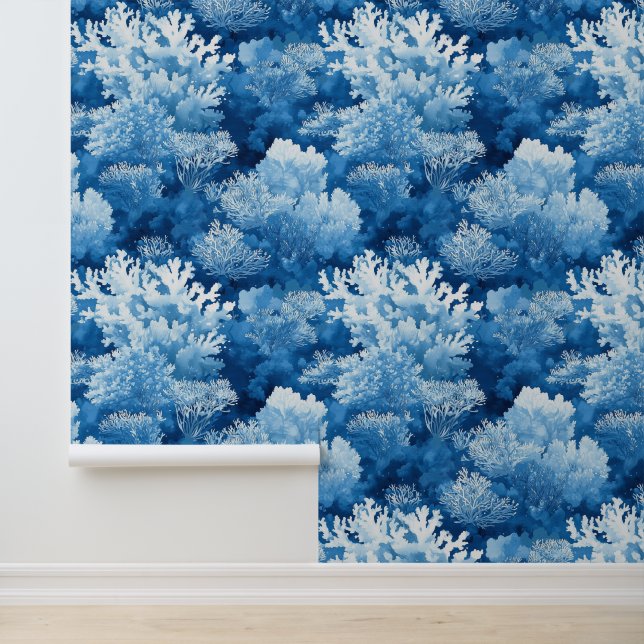 Blauw koraalrif patroon muur decor behang (Applicatie)