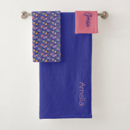 Blauw koraalroze eenvoudige wilde bloemenpatroon n bad handdoek
