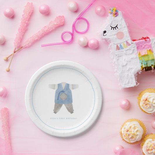 Blauw Koreaans jongetje 1e verjaardag Doljanchi Papieren Bordje (Feest)