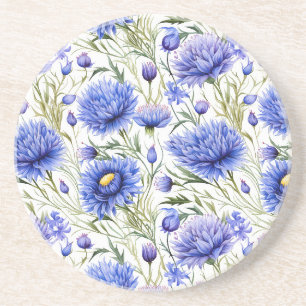 Blauw Korenbloem Naadloos Patroon, Blauwe Bloemen Zandsteen Onderzetter
