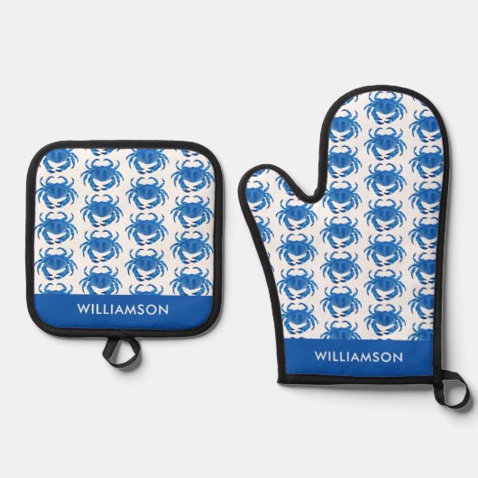 Blauw Krab Patroon Ovenwant & Pannenlap Set (Voorkant)