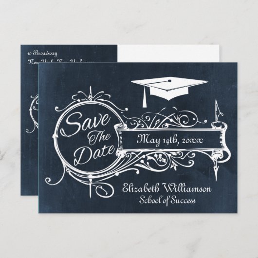 blauw krijt Afstuderen Bewaar de datum Aankondigingskaart (Voorkant / Achterkant)