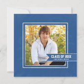 Blauw krijtbord afstudeeruitnodiging met foto kaart (Achterkant)