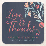 Blauw krijtbord Bloemen Bruiloft Liefde en Bedankt Kartonnen Onderzetters<br><div class="desc">Maak indruk op uw gasten met dit gepersonaliseerde bruiloftsvierkante onderzetter met prachtige bloemen tegen een blauwachtige krijtbordachtergrond, met het woord "Love & Bedankt" in modern scriptlettertype. Het zal ook grote gunstgeschenken voor uw partij maken. Bekijk hier de overeenkomende huwelijksartikelen in mijn winkel http://www.zazzle.com/collections/bluish_chalkboard_floral_bridal_and_wedding-119872540777216768?rf=238364477188679314 Personaliseer deze met je gegevens door de...</div>
