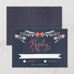 Blauw krijtbord Elegant Bloemen Bruiloft RSVP Kaartje