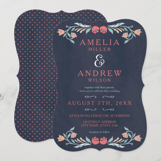 Blauw krijtbord Elegante bloemenbruiloft Kaart (Voorkant / Achterkant)