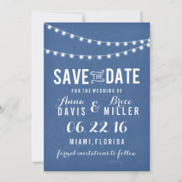 Blauw Krijtbord Zomer String Licht Save The Date