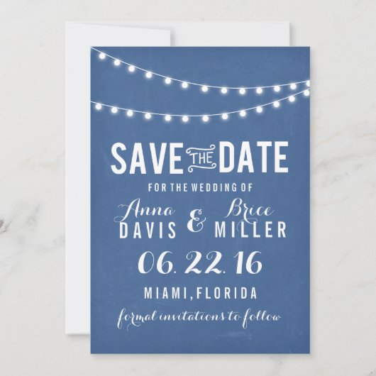 Blauw Krijtbord Zomer String Licht Save The Date (Voorkant)