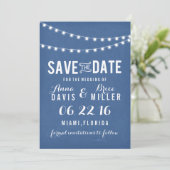 Blauw Krijtbord Zomer String Licht Save The Date (Staand voorkant)