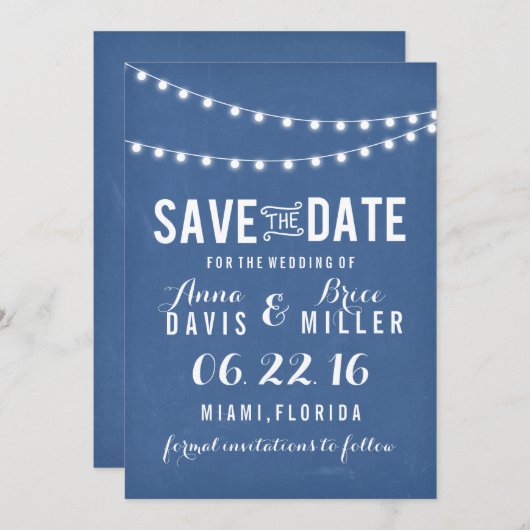 Blauw Krijtbord Zomer String Licht Save The Date (Voorkant / Achterkant)