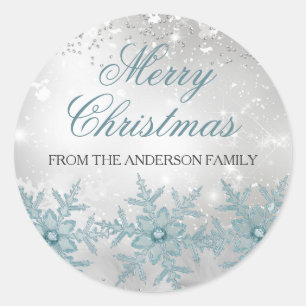 Blauw Kristallen Sneeuwvlok Kerststicker Ronde Sticker