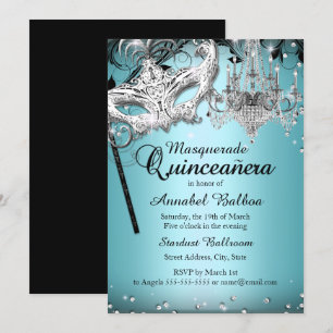 Blauw Kroonluchter Masquerade Quinceanera Uitnodig Kaart