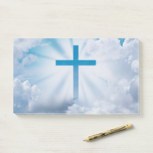 Blauw kruis aan de hemel post-it® notes (Op bureau)