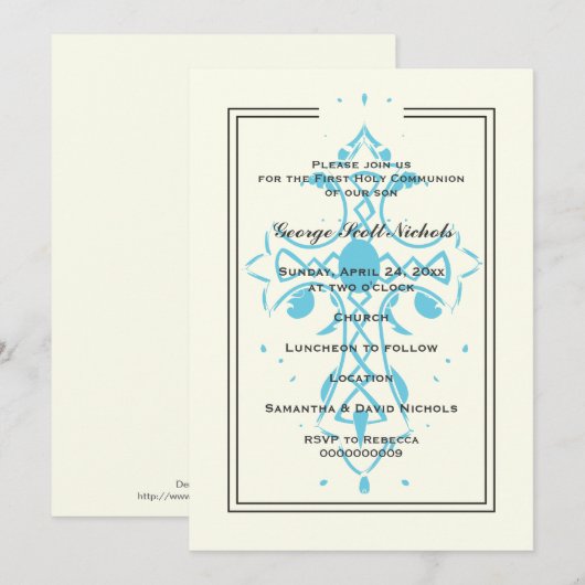 Blauw Kruis Eerste Communie doopbevestiging Kaart (Voorkant / Achterkant)