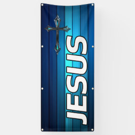 blauw kruis en planken Jezus Spandoek
