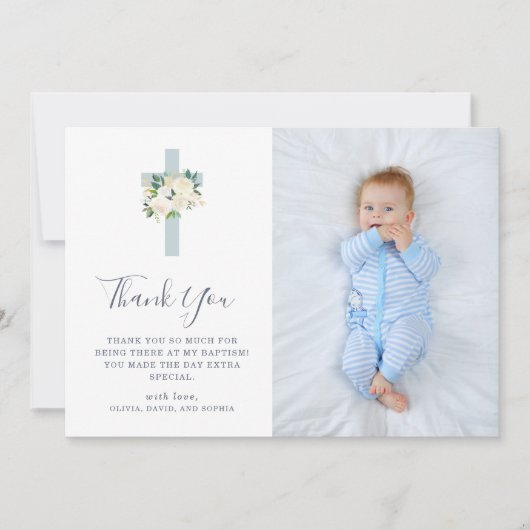 Blauw kruis en witte bloemen | Foto Jongen Baptism Bedankkaart (Voorkant)