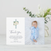Blauw kruis en witte bloemen | Foto Jongen Baptism Bedankkaart (Staand voorkant)