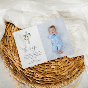 Blauw kruis en witte bloemen   Foto Jongen Baptism Bedankkaart