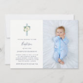 Blauw kruis en witte bloemen | Foto Jongen Baptism Kaart (Voorkant)