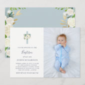 Blauw kruis en witte bloemen | Foto Jongen Baptism Kaart (Voorkant / Achterkant)